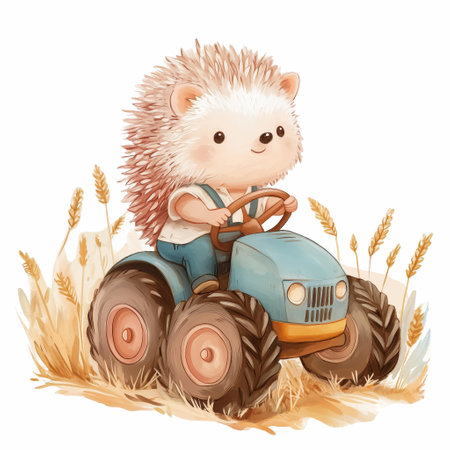 Watercolor Children's Illustration Of Cute Farmer Hedgehog On A Blue Tractorの素材