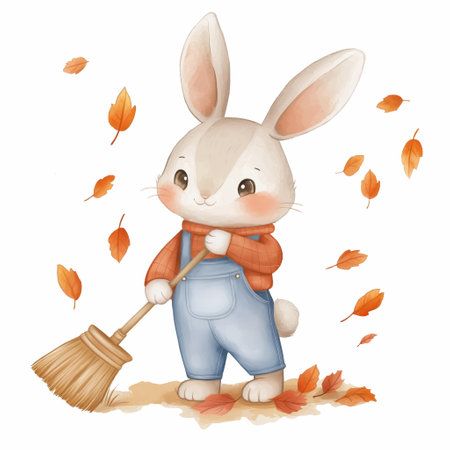 Watercolor Illustration Cute Bunny In Overalls Collects Autumn Leaves On Isolated Background For Nursery Decor And Printsの素材