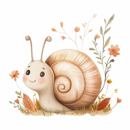Adorable Watercolor Illustration Of  Snail With Foliage. Perfect for children decor, nursery prints, and seasonal designs.の素材