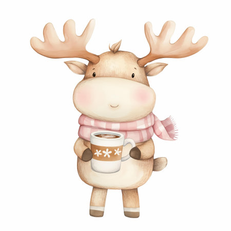 Watercolor Illustration Of Cute Moose With Hot Chocolate In Winterの素材