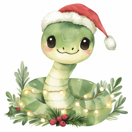 Watecolor Clipart Of Cute Green Snake Symbol of 2025. For holiday projects, decor, greeting cards, and winter designsの素材