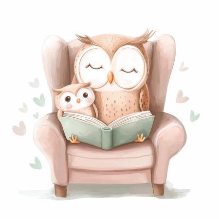 Watercolor Children's Illustration Of Cute Owls Reading Bookの素材
