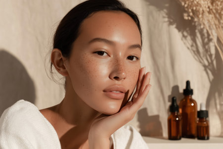 Portrait of a woman with clean, glowing skin and freckles, posing near natural skincare products in warm sunlight. Concept of self-care, minimal beauty, and holistic wellness.の素材