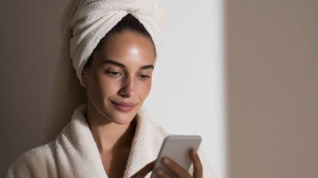 Relaxed woman in a towel and bathrobe using a smartphone after shower. Concept of digital wellness, skincare routine, and mindful self-care in daily life.の素材