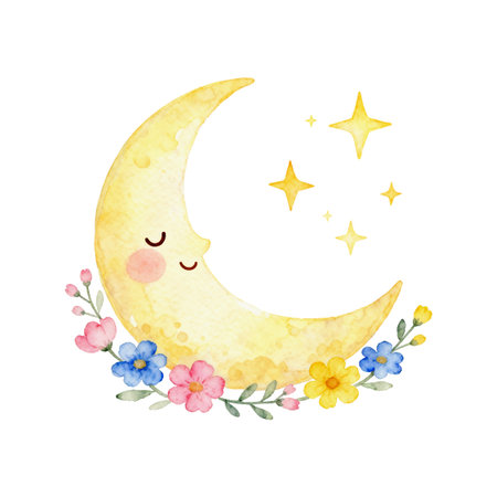 A smiling crescent moon surrounded by colorful flowers and sparkling stars. The moon has a soft yellow hue and a cheerful expression.の素材