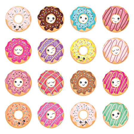 Colored glazed donuts set. Cute kawaii cartoon characters.のイラスト素材