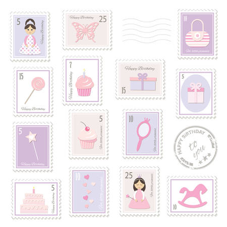 Postage stamps with girly stuff. For birthday or scrapbook design.のイラスト素材