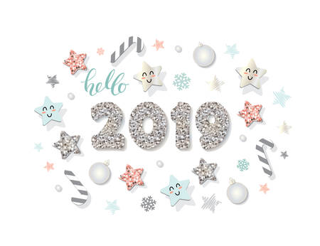 Happy new year 2019 template. With cute decorative elements. For banners, posters, christmas greeting cards. Vector.のイラスト素材