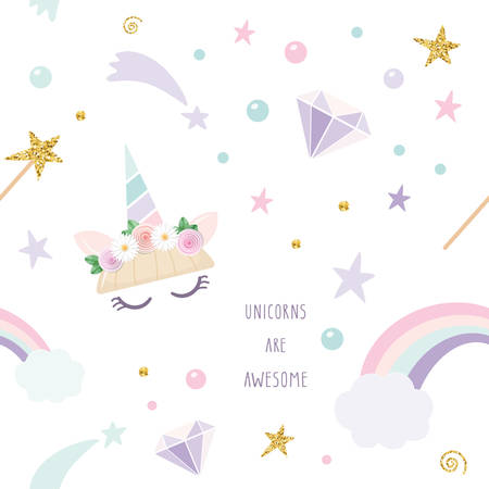 Unicorn magic seamless pattern background with rainbow, stars and diamonds. For print and web.のイラスト素材