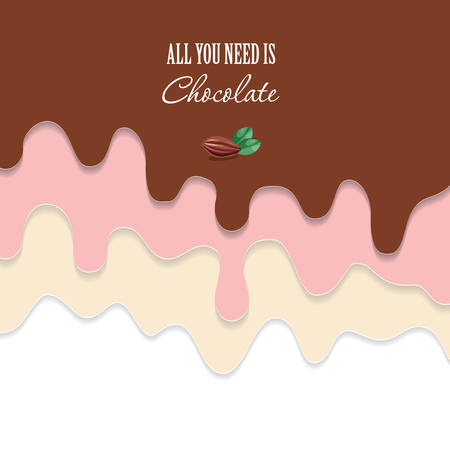 Melted flowing chocolate, strawberry, vanilla background. 3d paper cut out layers.のイラスト素材