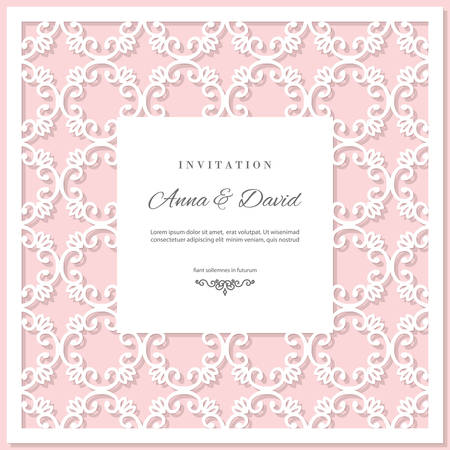 Wedding invitation card template with laser cutting frame. Pastel pink and white colors. Can be used for filigree envelope design.のイラスト素材