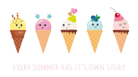 Kawaii ice cream cone characters. Cute cartoons isolated on white. Vector.の販売画像