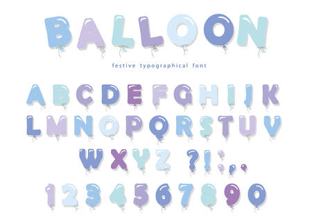 Balloon blue font. Cute ABC letters and numbers. For birthday, baby shower. Girly. Vector EPS10.のイラスト素材