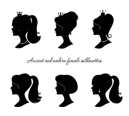 Beautiful female silhouettes set. Modern and ancient young woman profiles. Isolated on white. Vector.のイラスト素材