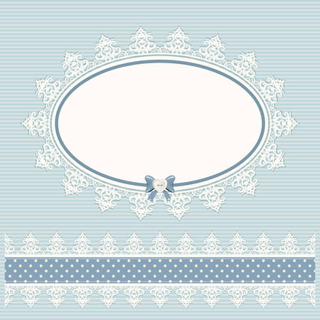 Oval doily frame with lacy border. Country style. For baby shower, menu, scrapbook design. Vector.のイラスト素材