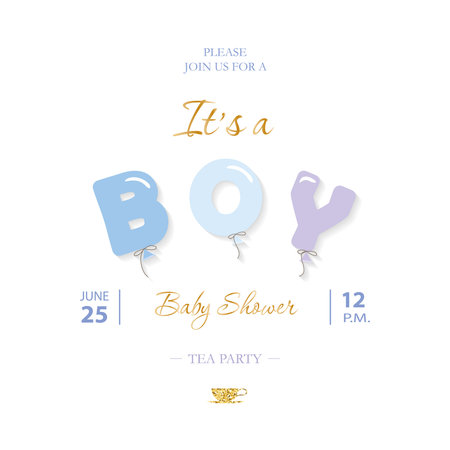 Boy baby shower cute template. Party invitation card with balloon letters in pastel blue. Vector EPS10.のイラスト素材