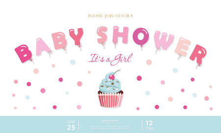Girl baby shower cute template. Party invitation card with balloon letters, cupcake and confetti. Pastel pink and blue colors. Vector EPS10.のイラスト素材