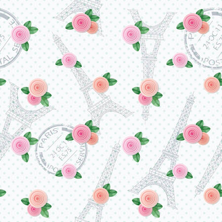 Romantic seamless pattern with Eiffel tower, stamps and roses. For print and web. Vectorのイラスト素材
