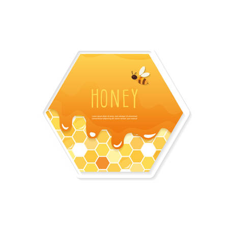 Package design. Hexagon shape label. Pattern with melted honey on the honeycomb is full under clipping mask. Isolated on white. vectorのイラスト素材