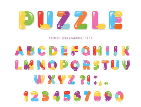Puzzle font. ABC colorful creative letters and numbers. Vector illustrationのイラスト素材