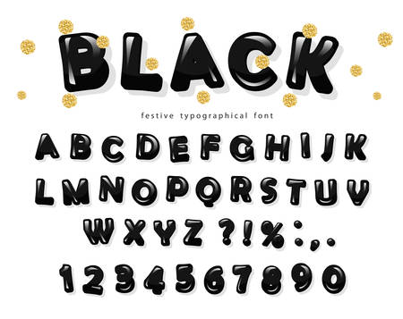 Black glossy font design. ABC letters and numbers. Glitter golden confetti. Vectorのイラスト素材