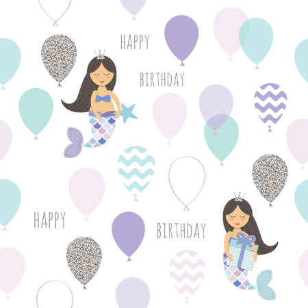 Mermaid birthday seamless pattern background. Cute cartoon characters. Vector illustrationのイラスト素材