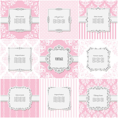 Elegant frame set on different patterns in pastel pink. Vectorのイラスト素材