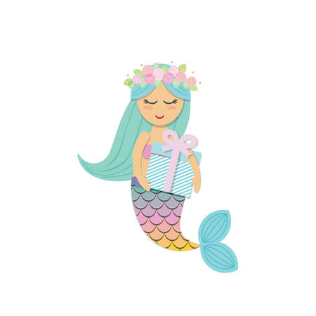 Cute mermaid with birthday present box. Vector illustration.のイラスト素材