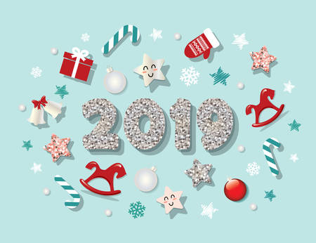 Happy new year 2019 template. With cute decorative elements. For banners, posters, christmas greeting cards. Vector.のイラスト素材
