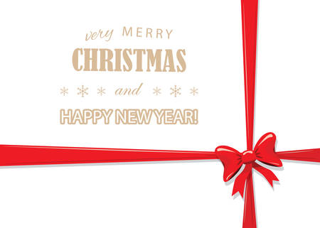 Christmas and Happy New Year template with red bow isolated on white. Present decoration design. For greeting card, birthday, gift certificate, holidays sale. For print and web.のイラスト素材