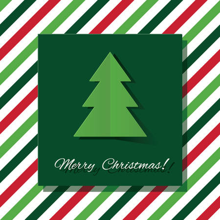Merry Christmas greeting card with paper cut out tree on stripped background. Vectorのイラスト素材