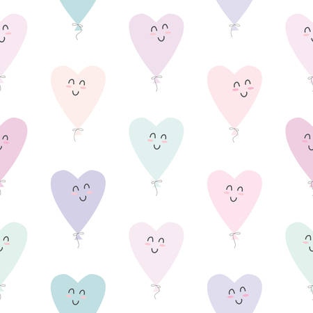 Cute seamless pattern with kawaii hearts balloons. For Valentines day, birthday, baby shower, holidays design. Vectorのイラスト素材