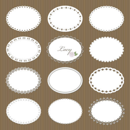 Oval lacy doilies big set on cardboard background. For scrapbook, birthday or baby shower design.のイラスト素材