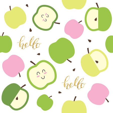 Cute seamless pattern for kids with kawaii apples and glitter elements.のイラスト素材