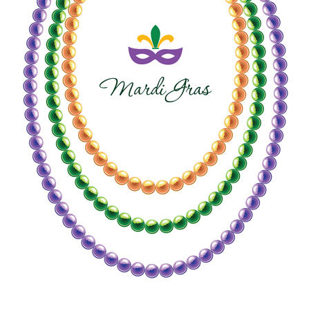 Mardi Gras beads necklace decorative frame template isolated on white. Fat tuesday carnival. Vector illustrationのイラスト素材