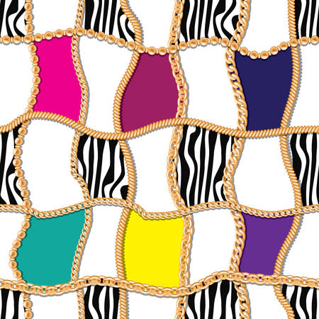 Modern seamless pattern with golden chains checkered backdrop. For textile, scarf, cravat design. Vector illustration.のイラスト素材