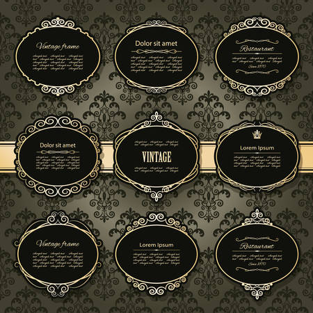 Vintage golden frames and labels set on damask. Luxury design.のイラスト素材