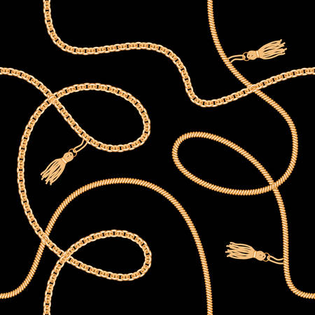 Gold chains with tassels seamless pattern on black background. For fashion design. Vector illustrationのイラスト素材