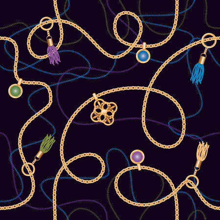 Seamless pattern with chains, pendant and tassels. Colorful trendy jewelry print for fabric, scarf, cravat design. Deep blue color. Vector illustrationのイラスト素材
