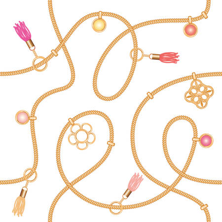 Seamless pattern with chains, pendant and tassels. Colorful trendy jewelry print for fabric, scarf, cravat design. Girly. Vectorのイラスト素材