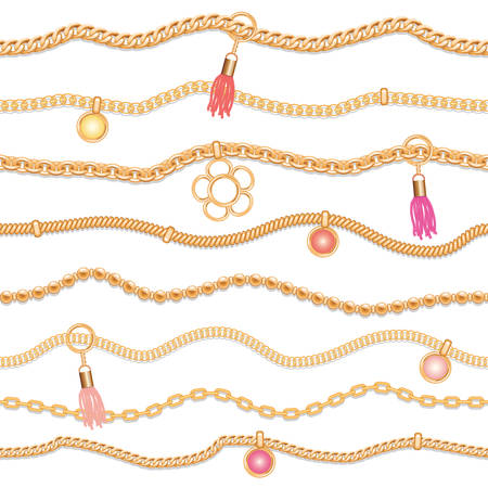 Illustration pour Seamless pattern with jewelry elements, pendants and tassels. Chains can be used separately as brushes for design. Girly. Vector - image libre de droit