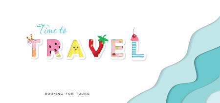 Summer paper cut out banner. 3d waves layers background. Funny cartoon letters. Vector illustrationのイラスト素材