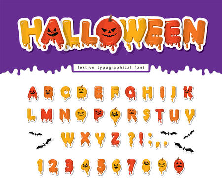 Halloween pumpkin font. Paper cut out letters and numbers with cpooky creepy faces. Cartoon funny alphabet for kids. Vectorのイラスト素材