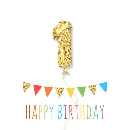 Happy birthday greeting card with gold glitter balloon number 1 and bunting flags. One year baby girl or boy anniversary. Trendy minimalistic design. Vectorのイラスト素材