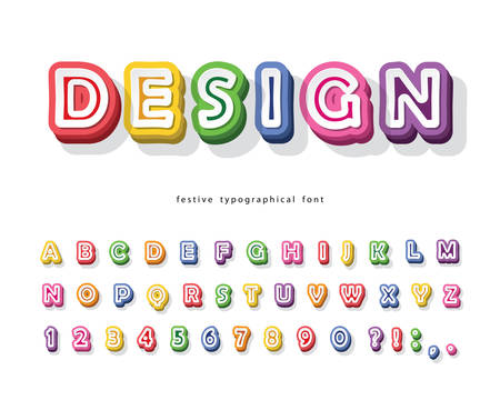 Modern 3d bright font. Cartoon paper cut out ABC letters and numbers. Colorful alphabet. Vectorのイラスト素材