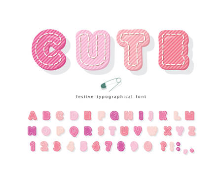 Cute cartoon pink font. Cotton texture alphabet for girls. Decorative 3d ABC letters and numbers. Vectorのイラスト素材