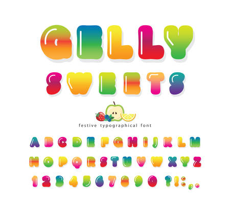 Sweet 3d gelly font. Cute cartoon letters and numbers for birthday card, baby shower, Valentines day, sweets shop, girls magazine, collages design. Isolated. Vectorのイラスト素材