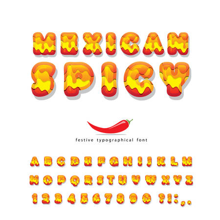 Mexican spicy cartoon font. Hot chili pepper burn decorative letters and numbers set isolated on white. Restaurant menu design. Vector illustrationのイラスト素材