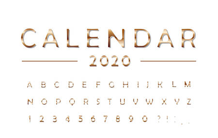 Calendar 2020 font. Classic ABC letters and numbers. Elegant metal alphabet. For organizer, week planner, business brochure design. Vectorのイラスト素材
