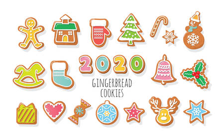 Christmas Gingerbread Cookies set. 2020 New Year numbers. Colorful cartoon decorative elements for kids. Vectorのイラスト素材
